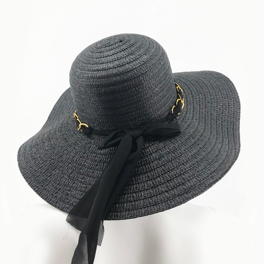 Black Braided Straw Gold Chain Sun Hat - Picture 3 of 6